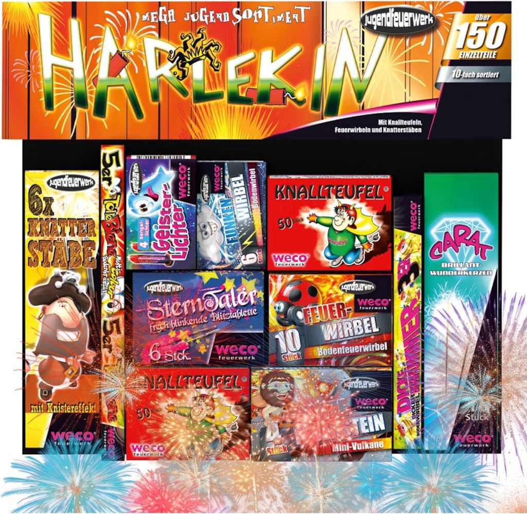 Silvester-Set für unvergessliche Neujahrsfeiern – mit Silvesterartikeln, Wunderkerzen und Knallerbsen - Set mit 150 Teilen (Harlekin)