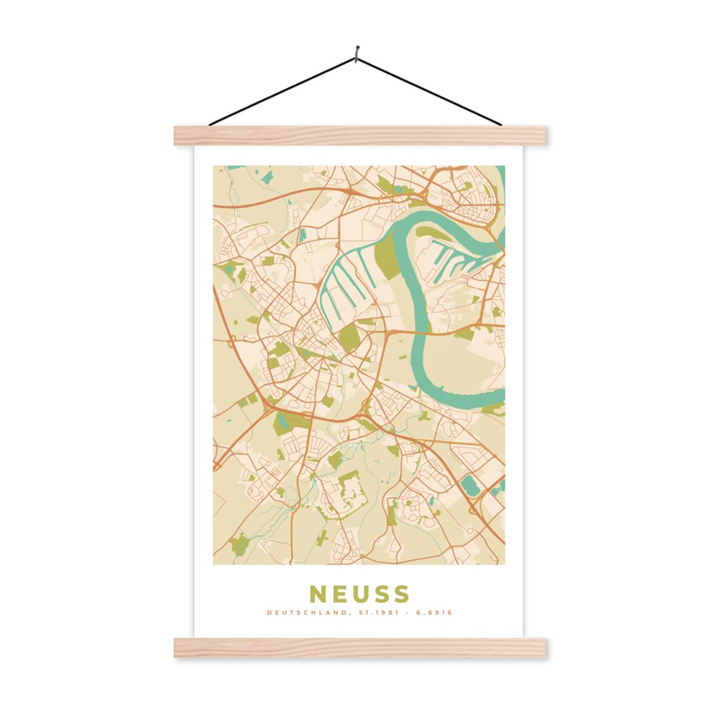 MuchoWow Textilposter Neuss - Jahrgang - Karte - Stadtplan 120x180 cm mit holzfarbenen Rahmen - Textil-Plakat