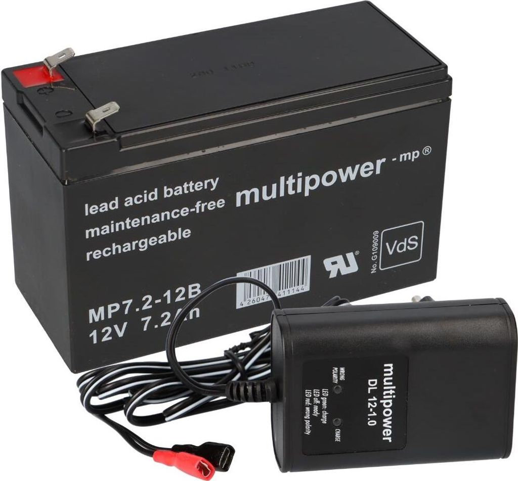 Multipower Blei-Akku MP7.2-12B 12V 7,2Ah mit Ladegerät, VdS Produktbild 