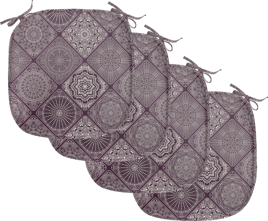 ABAKUHAUS Imbottitura Mandala per sedie da sala da pranzo, cornice Vintage-Oriental, cuscino decorativo impermeabile con cinturini per sedie da cucina, 40 cm x 40 cm - confezione da 4, melanzana bianco
