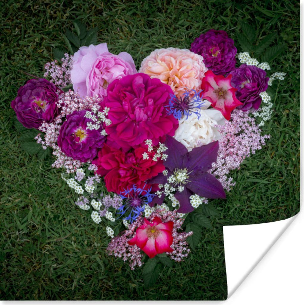 MuchoWow Poster Blumen - Herz - Gras - Flora 50x50 cm - Wohnzimmerdekoration