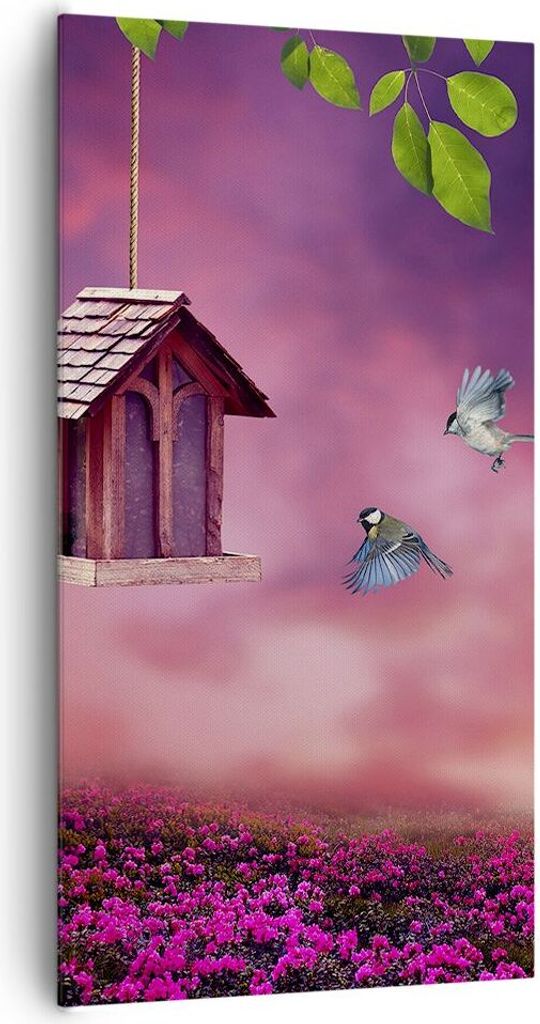 Bild auf Leinwand - Leinwandbild - Vögel Wiese Garten Dekoration - 65x120cm - Wand Bild - Wanddeko - Leinwanddruck - Bilder - Kunstdruck - Wanddek...