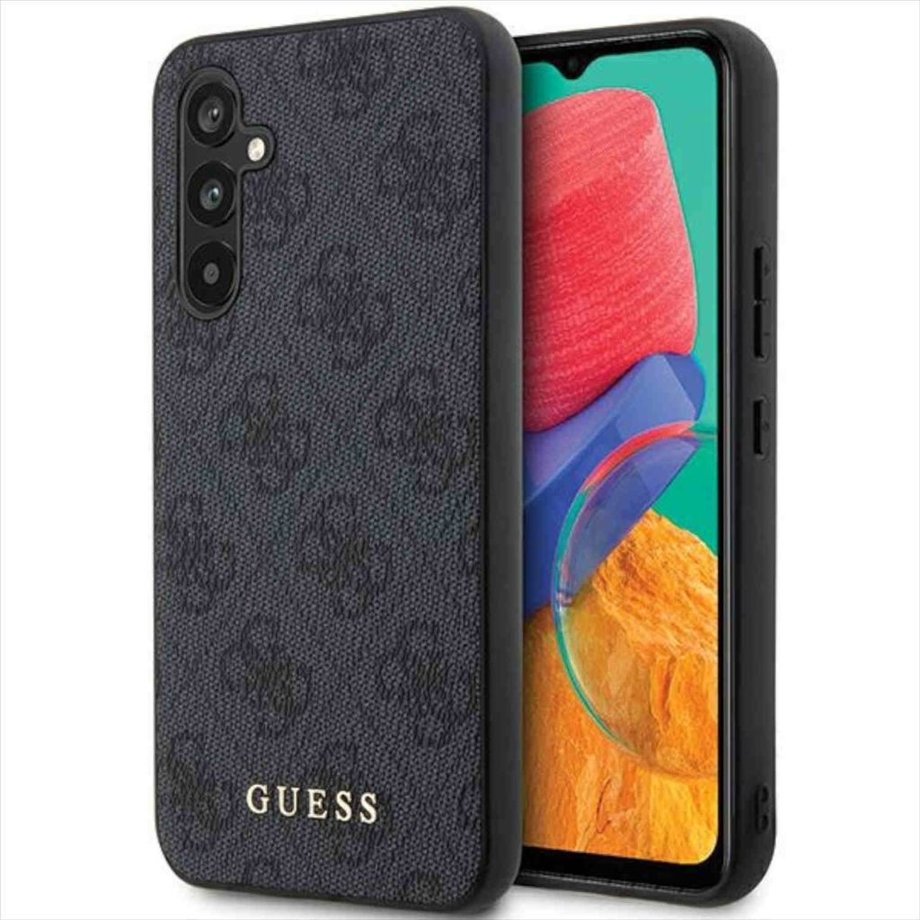 A smartphone case with a Guess logo pattern is shown next to a smartphone.