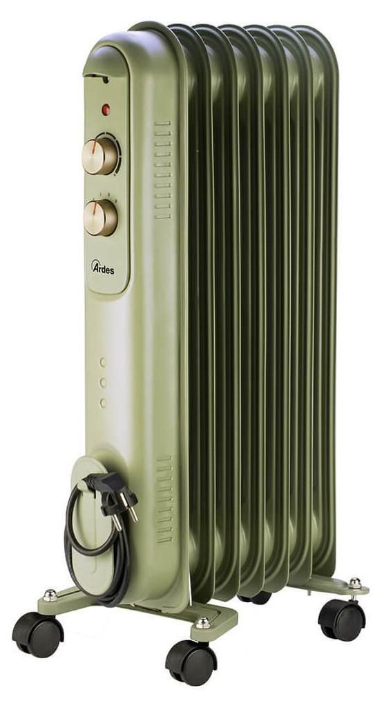 A green oil-filled radiator with gold control knobs, on a white background.