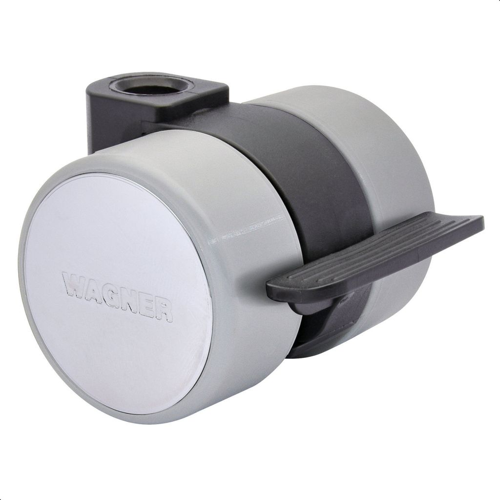 WAGNER Design Möbelrolle / Soft-Lenkrolle LOGO - Durchmesser Ø 38 mm, Feststeller, schwarz / grau mit Kappe chrome, Tragkraft 50 kg - 01010401