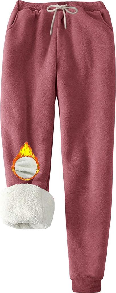 ASKSA Damen Jogginghose Warme Fleece Sporthosen Winter Thermo Gefuetterte Sweatpants Freizeithose mit Taschen (Weinrot,L)