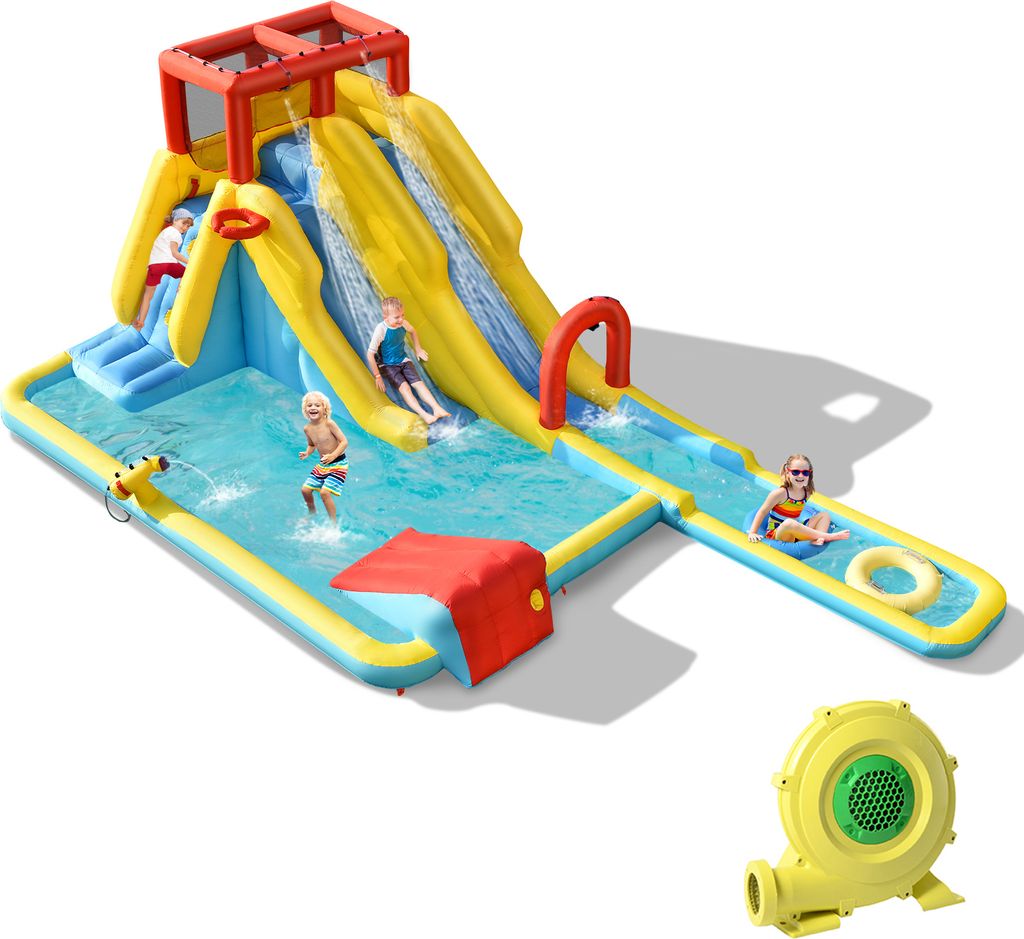 COSTWAY Hüpfburg mit 680W Gebläse, Wasserrutsche, Kletterwand, Basketballkorb, Wasserpistole, Wasserpark für draußen, inkl. aufblasbarem Basket...
