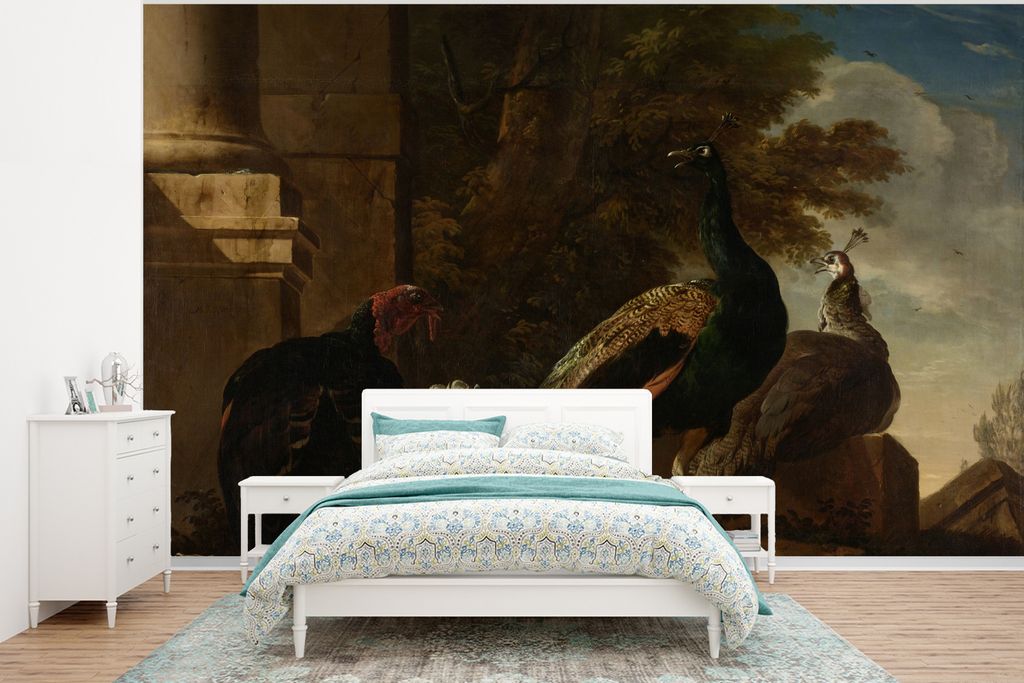 MuchoWow Fototapete für Wohnzimmer oder Schlafzimmer Wandtapete Vinyl Motivtapete Eine Henne mit Pfauen und einem Truthahn - Gemälde von Melchi...