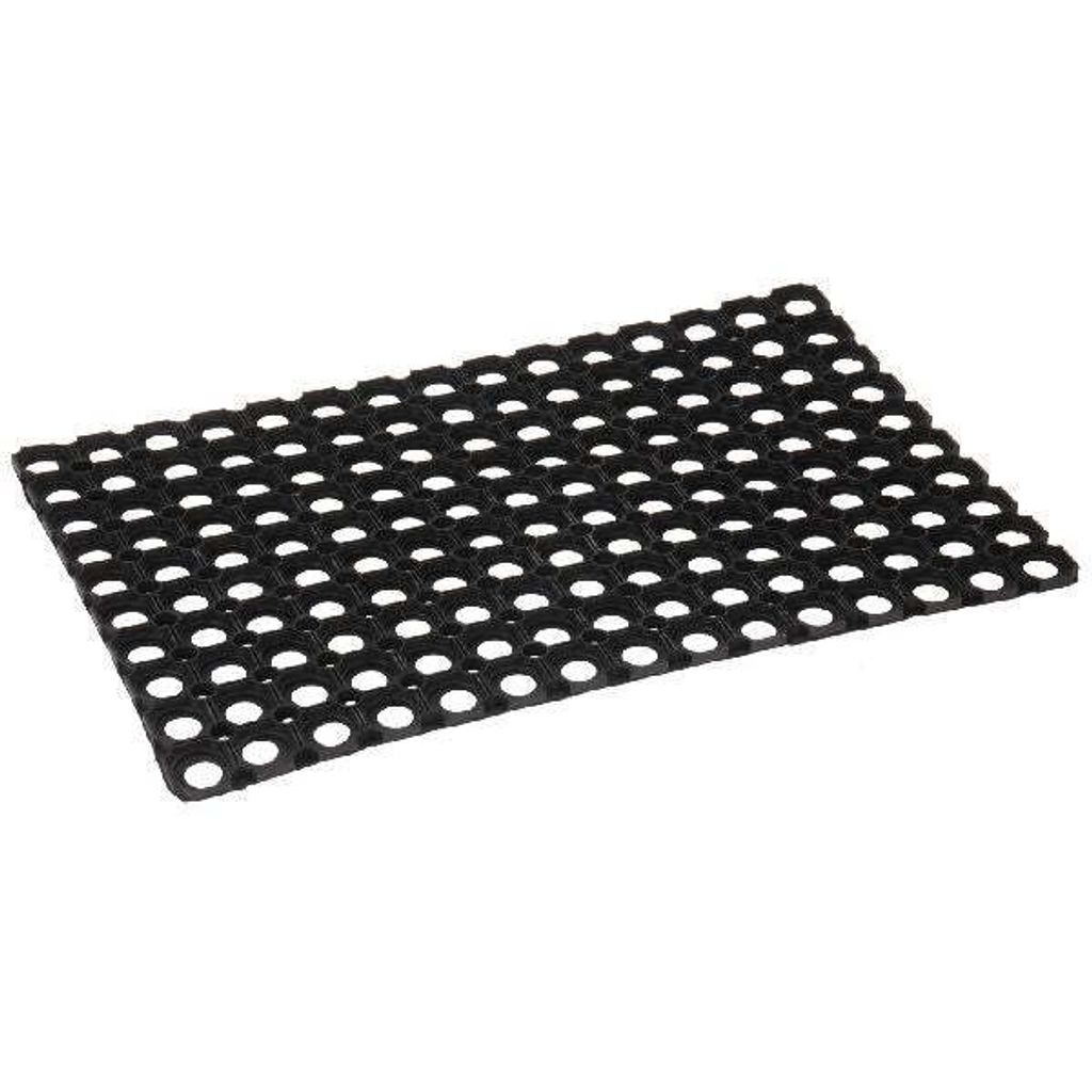 A black rubber mat with a grid of circular holes is shown on a white background.