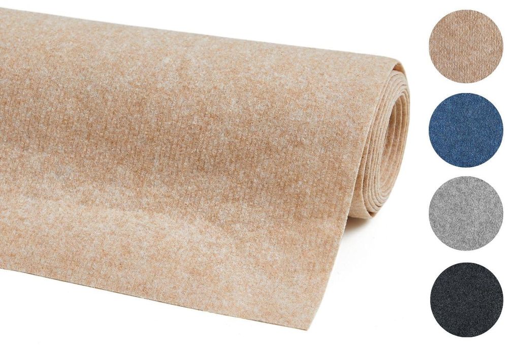 Dünner, als Rolle gewickelter Teppichboden mit Farbmustern in Anthrazit, Beige, Braun, Grau. 