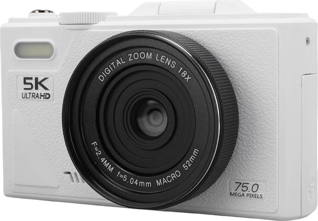 Appareil photo numérique 5K WiFi 75 MP avec autofocus et zoom 18x blanc