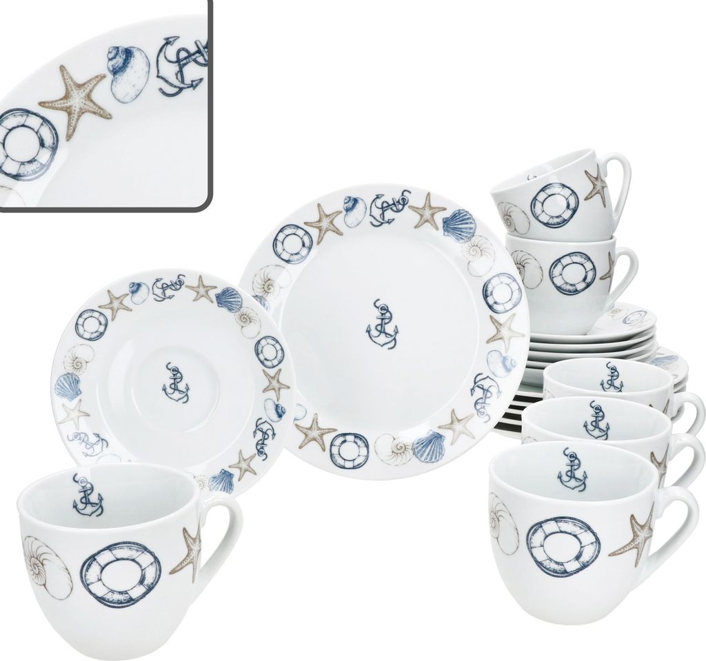 Neptun 18tlg Kaffeeservice maritimes Geschirr Tasse Untertasse Teller Anker