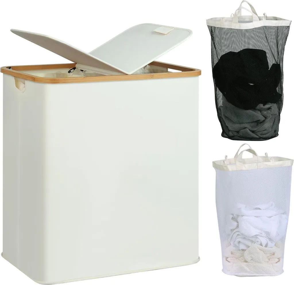 Coffre à linge 140 litres pour tri sélectif en bambou naturel et tissu