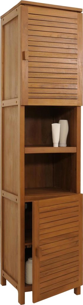 Teak-Hochschrank HWC-M87, Badschrank Badregal Badezimmer, hochwertiges B-Grade-Teak (Kernholz, 20-30 Jahre), 180x40cm