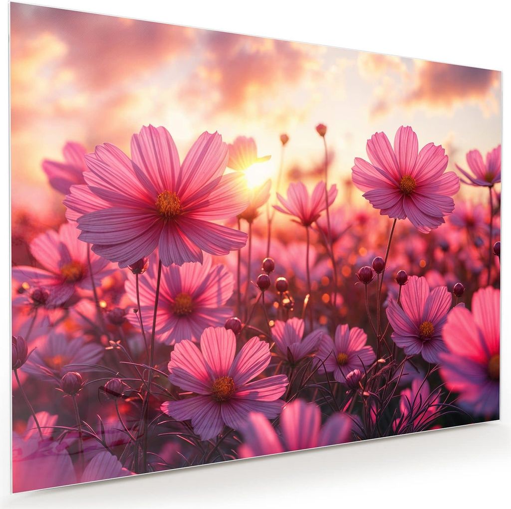 Glasbild 120x90cm in XXL für Wohnzimmer, Schlafzimmer Motiv Blumenfeld Sonnenuntergang