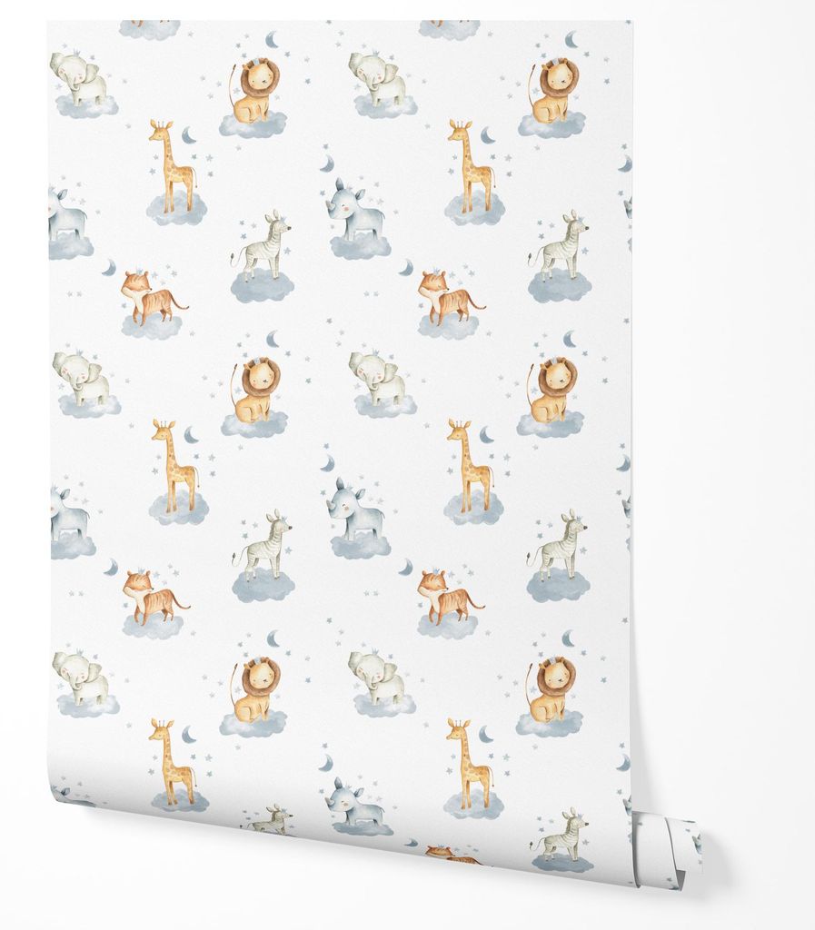 Vliestapete Safari Tiere Löwe Giraffe Elefant Zebra Wolken Sterne Mond Muster Kinderzimmer Schlafzimmer Flur UV-beständige Tapete 10m x 0.5m
