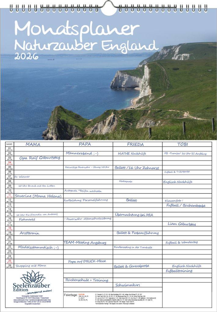 Naturzauber England Planer Familienplaner 4 Spaltenplaner DIN A3 Kalender für 2026 Landschaft Natur Reise Land Urlaub - Seelenzauber