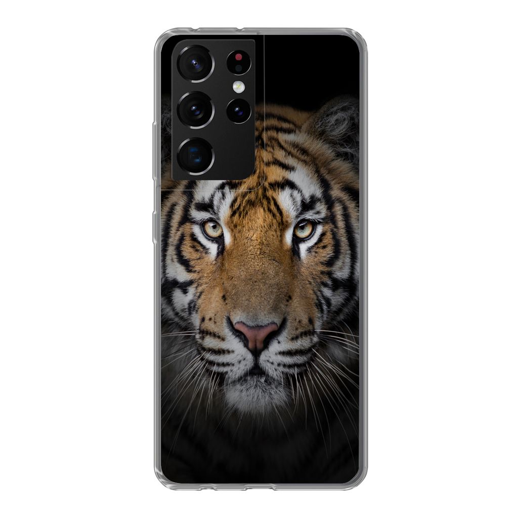 MuchoWow Handyhülle Schutzhülle Hülle für Samsung Galaxy S21 Ultra Tiger - Wildtiere - Porträt - Schwarz - Tiere Silikon Softcase Handy Hül...