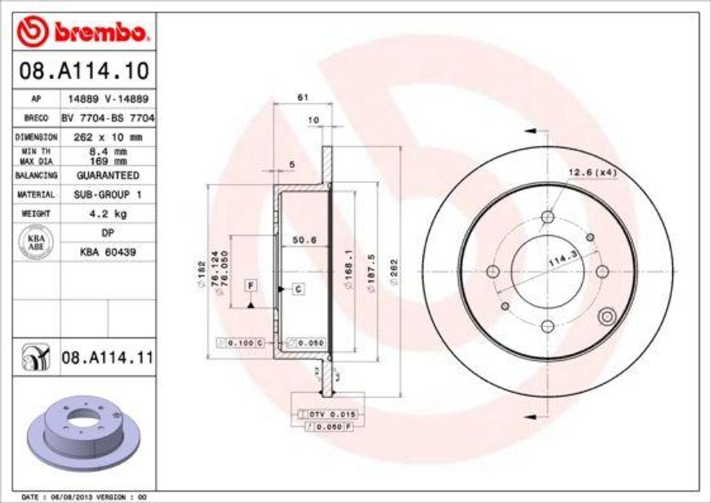 BREMBO 08.A114.11 Bremsscheibe OE 5841138300 kompatibel mit Magentis, Sonata, Matrix
