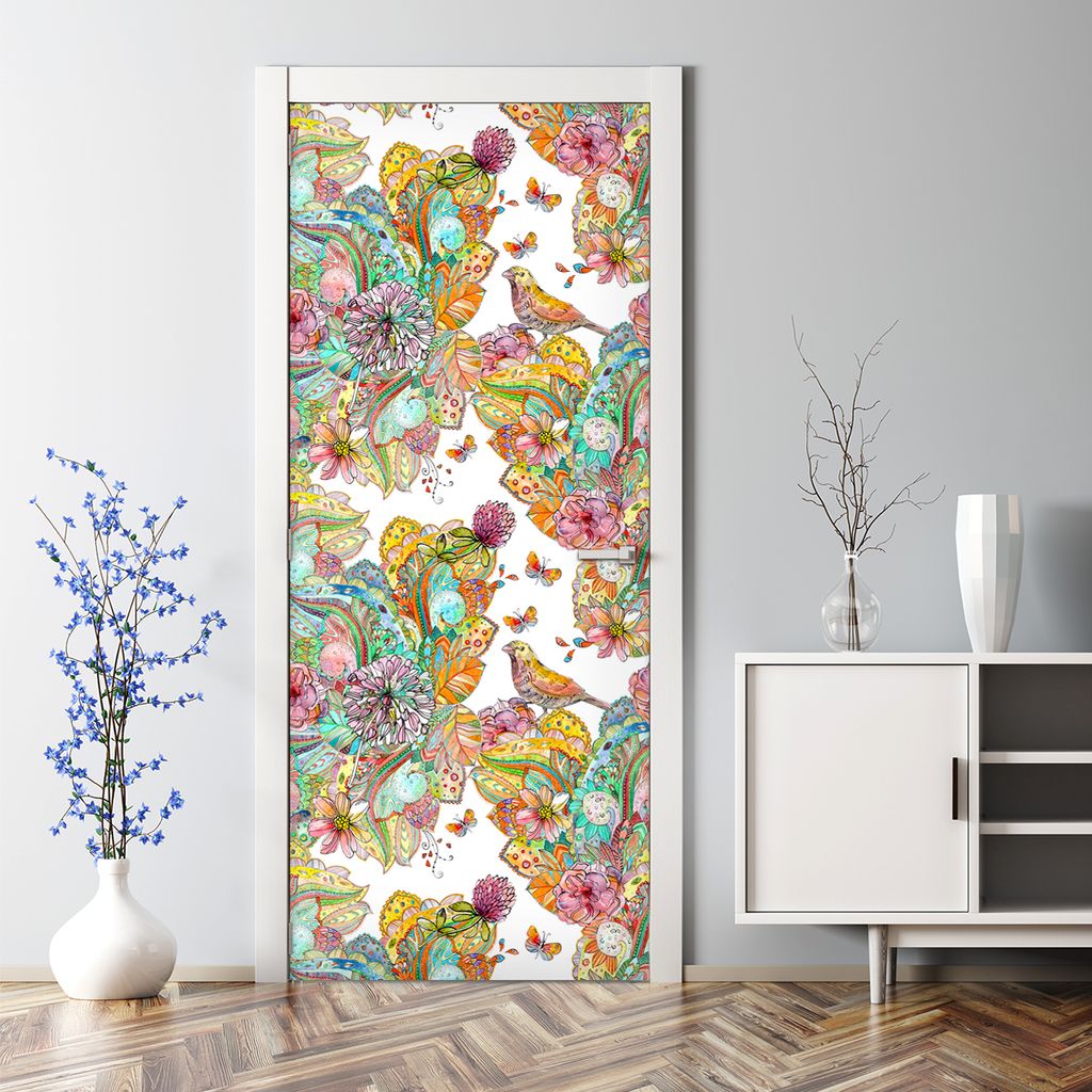 Dekorative Tür Wandaufkleber Wandtattoo selbstklebend Dekor Bunte Mandala Vögel und Blumen 77 x 200 cm