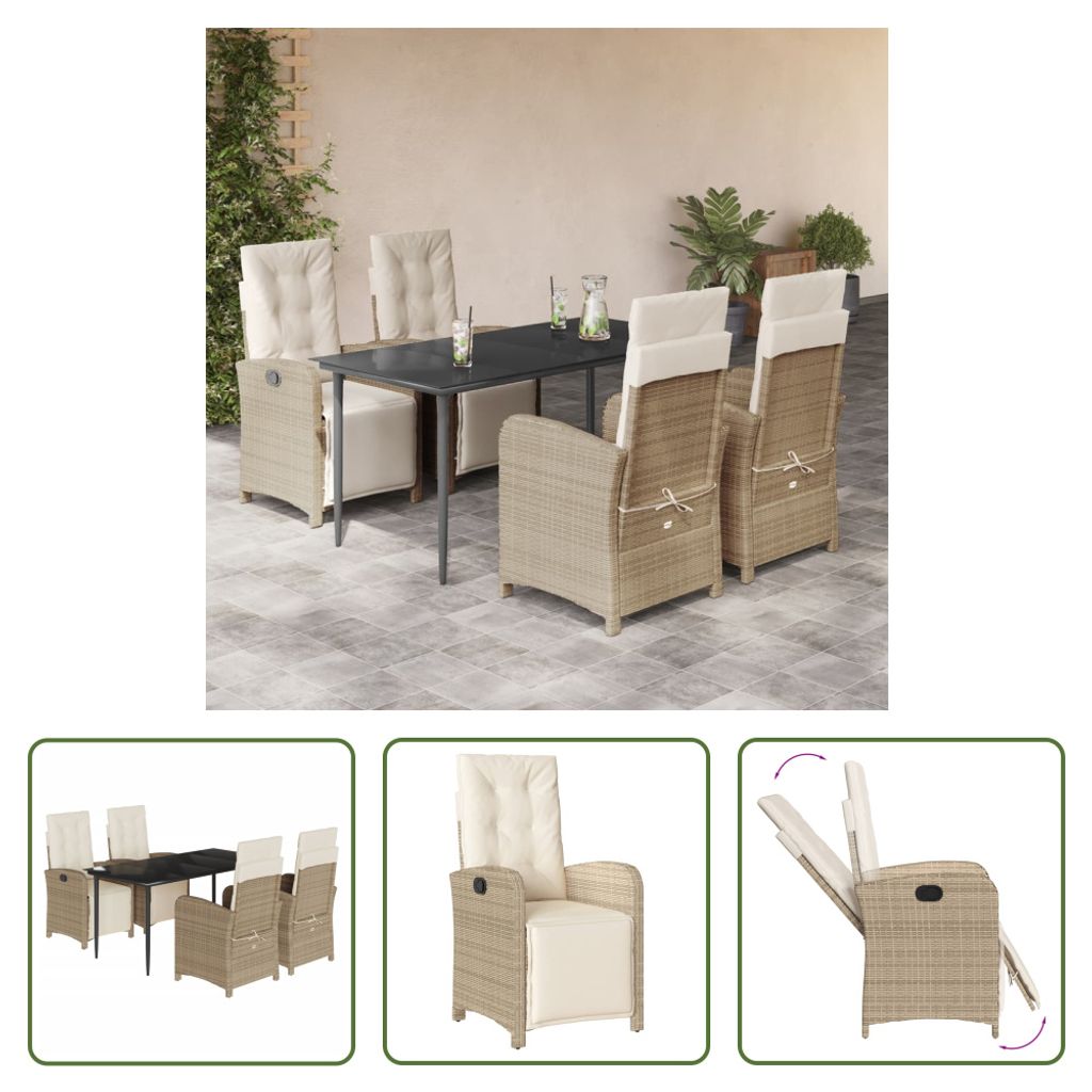 The Living Store 5-tlg. Garten-Essgruppe mit Kissen Beige Poly Rattan