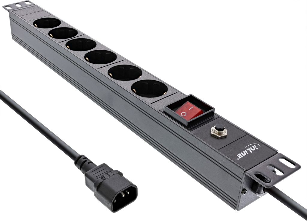 InLine 19" Steckdosenleiste, 6-fach Schutzkontakt, C14 Anschluss, Überlastschutz, Schalter, 2m, schwarz