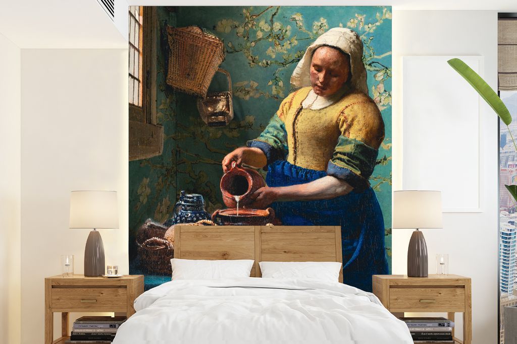 MuchoWow Fototapete für Wohnzimmer oder Schlafzimmer Wandtapete Vinyl Motivtapete Milchmädchen - Mandelblüte - Van Gogh - Vermeer - Gemälde -...