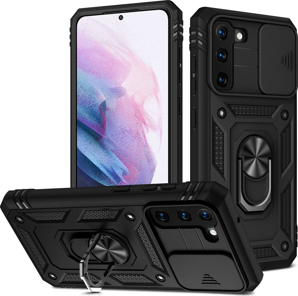 Galaxy S21 FE 5G Hülle, Schiebe Kamera Schutz Robust Rüstung Stoßfest Schutzhülle mit Ringhalterung Ständer Kartenhalter für Samsung Galaxy S...