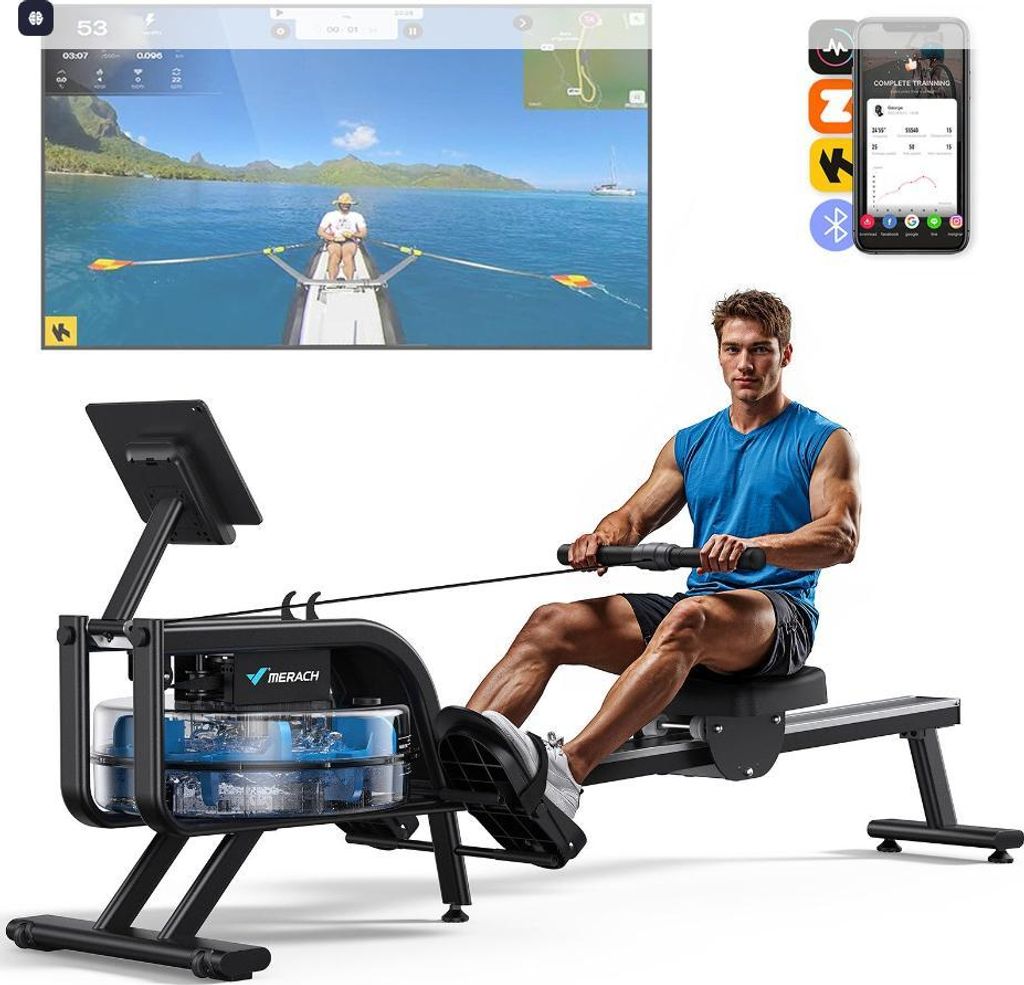 Wasser-Rudergerät leise – 15 L Wassertank, Stahlrahmen, LCD & Bluetooth, Kinomap-kompatibel, ergonomischer Sitz, klappbar, bis 136 kg, platzsparend