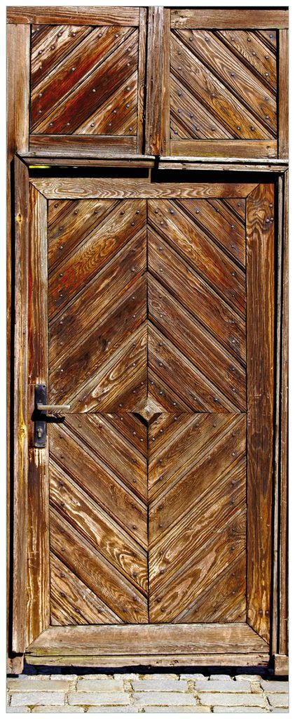 Wallario Premium Glasbild, freischwebende Optik, kräftige Farben, Größe 80 x 32 cm Motiv Alte Holztür mit diagonalem Muster
