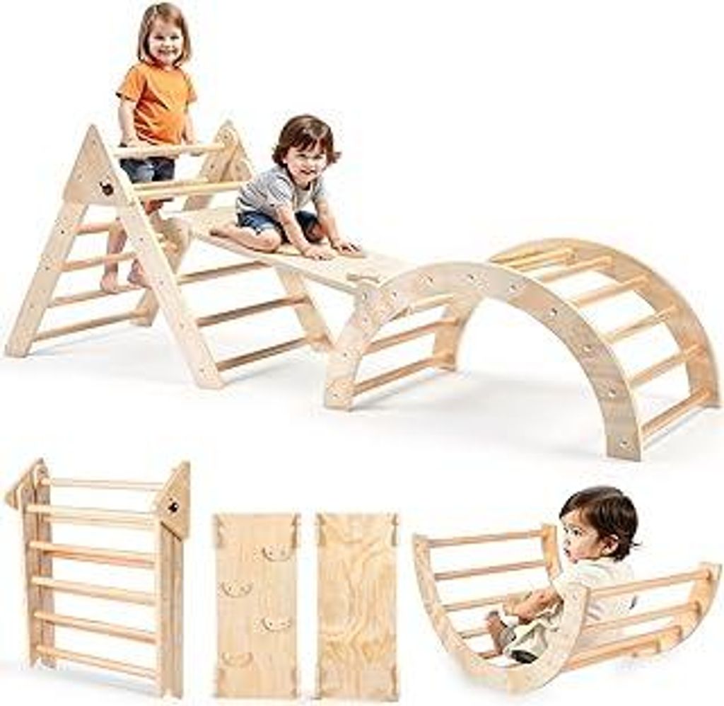 RUIE Klettergerüst Indoor 7-in-1 Kletterdreieck mit Rutsche, Hölzernes Kletterdreieck Set für kletterbogen ab 1 Jahr, Montessori klettergerüst,...