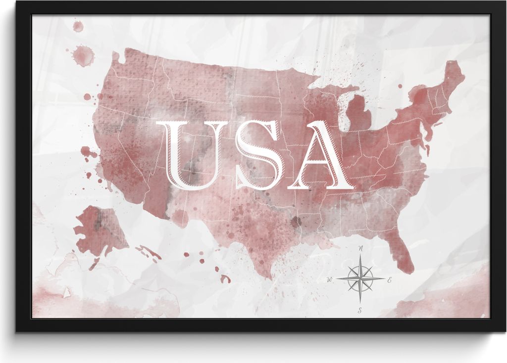 MuchoWow MuchoWow Gerahmtes Poster Karte - Amerika - Aquarell 60x40 cm - Poster mit zchwarzem Bilderrahmen - Printing - Wanddeko Schlafzimmer