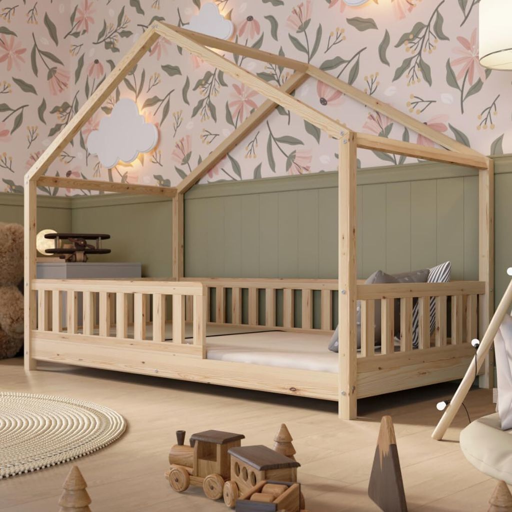 Crazy Pine Hausbett 190x100 cm – Kinderbett aus Naturholz – Bodenbett mit Höhenverstellbaren Beinen und Abnehmbarer Barriere - Crazy House