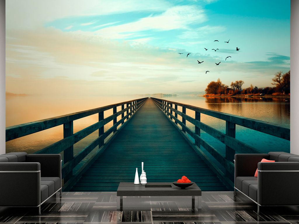 Vlies Fototapete Ausblick auf See 400x280 cm Tapeten Wandtapete XXL Natur Landschaft Pier Strand See Meer c-C-0034-a-d