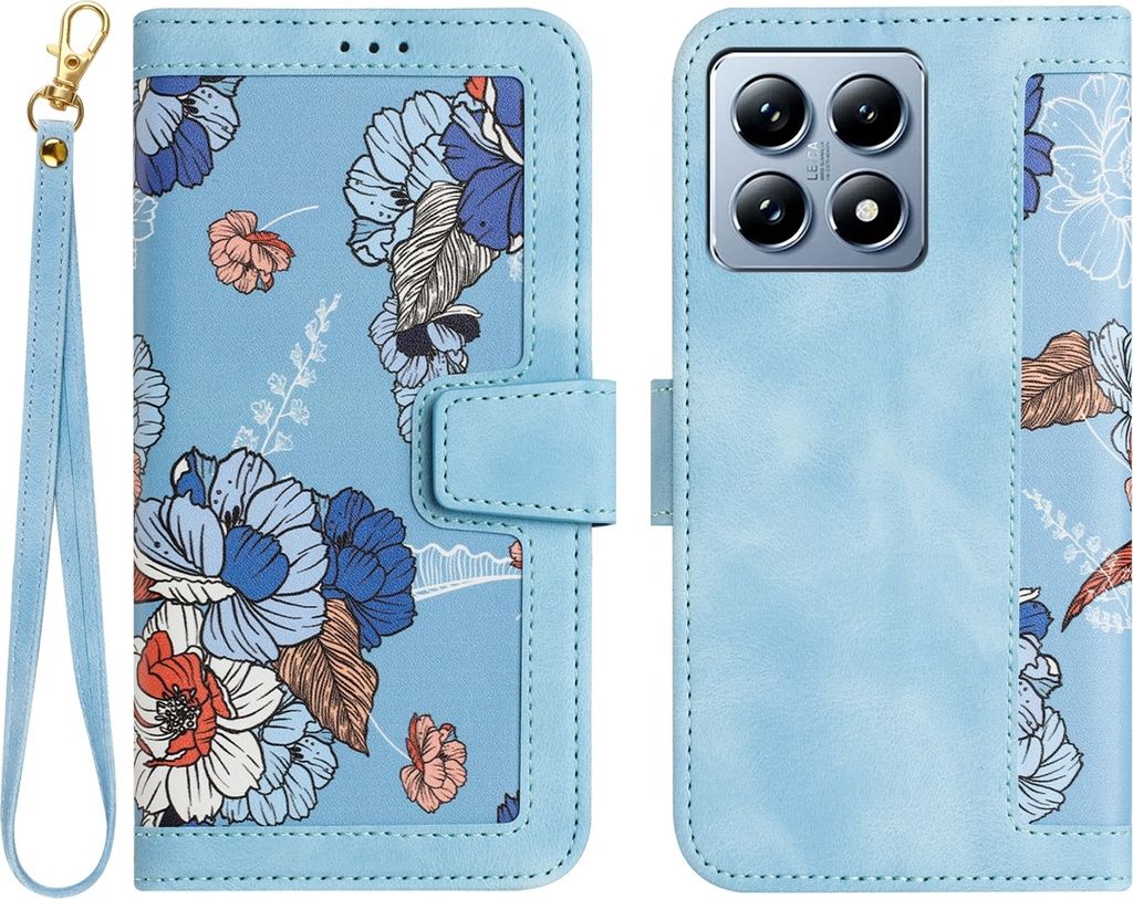 Für Xiaomi 14T Pro Kunstleder Wallet Handy Tasche Blumen Design Hülle Etuis Hellblau