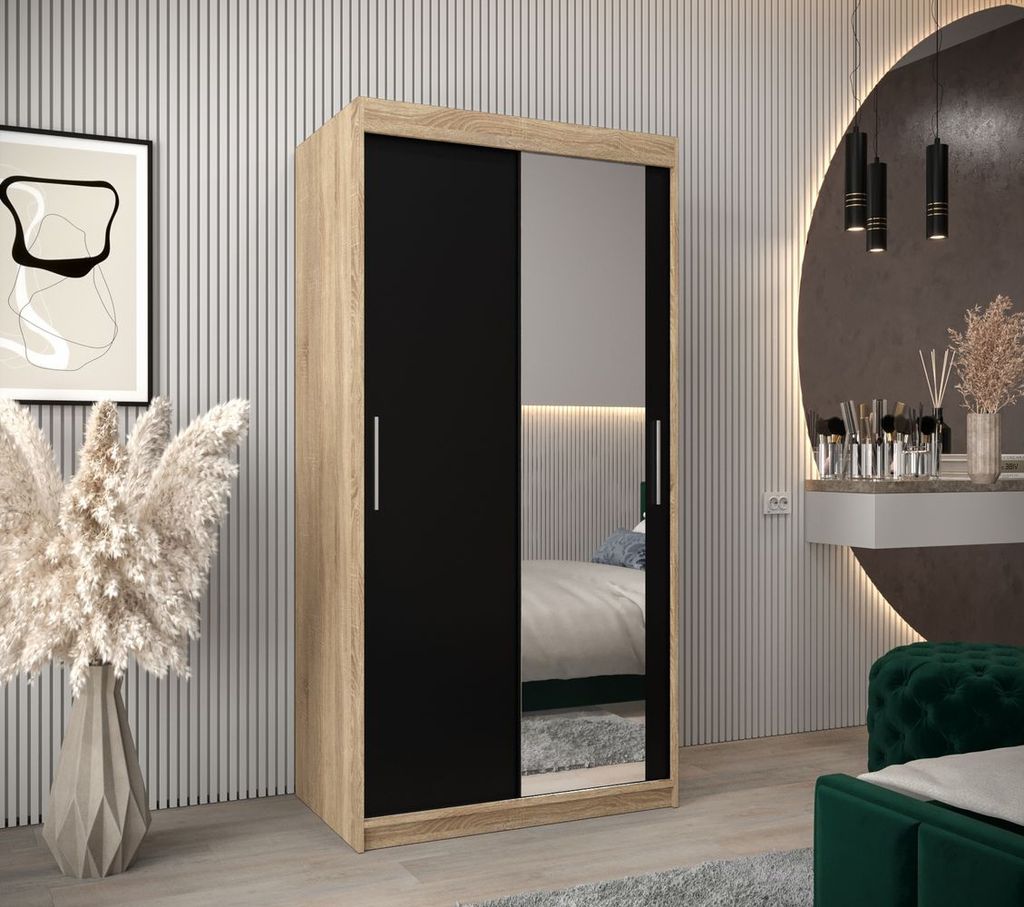 Schwebetürenschrank mit einer Breite von 100 cm TIMEA 2 – Eiche Sonoma / Schwarz