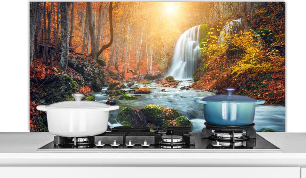 KitchenYeah Spritzschutz Küche - Küchenrückwand - Wandschutz für Herd und Spüle - Wasserfall - Sonne - Herbst 120x60 - Alu-Dibond (Alternat...