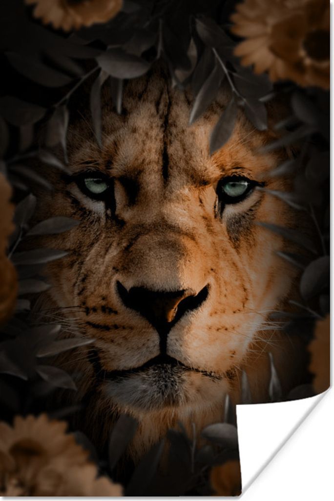 MuchoWow Poster Dschungel - Löwe - Pflanzen - Blumen 40x60 cm - Plakate für die Wand - Poster Babyzimmer