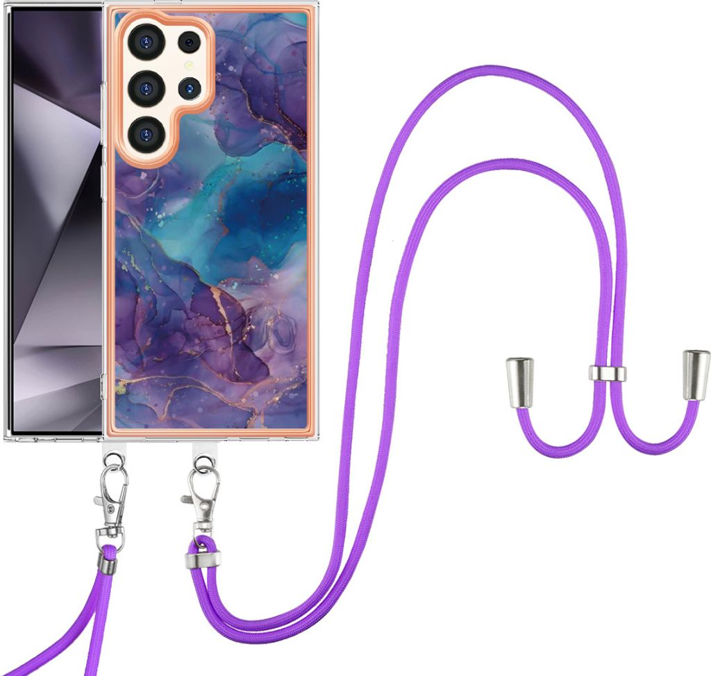 Galaxy S24 Ultra Handykette Hülle, Muster TPU Bumper Schutzhülle mit verstellbarem Tragegurt für Samsung Galaxy S24 Ultra Lila