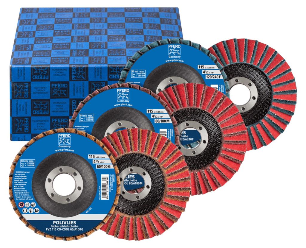 PFERD TOOLS POLIVLIES-Fächerscheiben Set PVZ Keramik Ø115mm Bohrung Ø22,23mm CO-COOL60/G,80/M,120/F