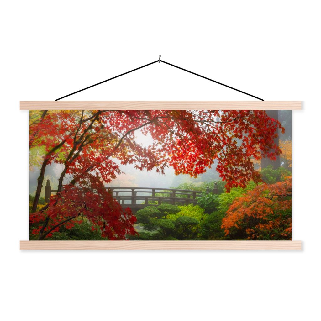 MuchoWow Textilposter Japanischer Ahorn - Bäume - Brücke - Natur - Japanisch 120x60 cm mit holzfarbenen Rahmen - Klemmleiste