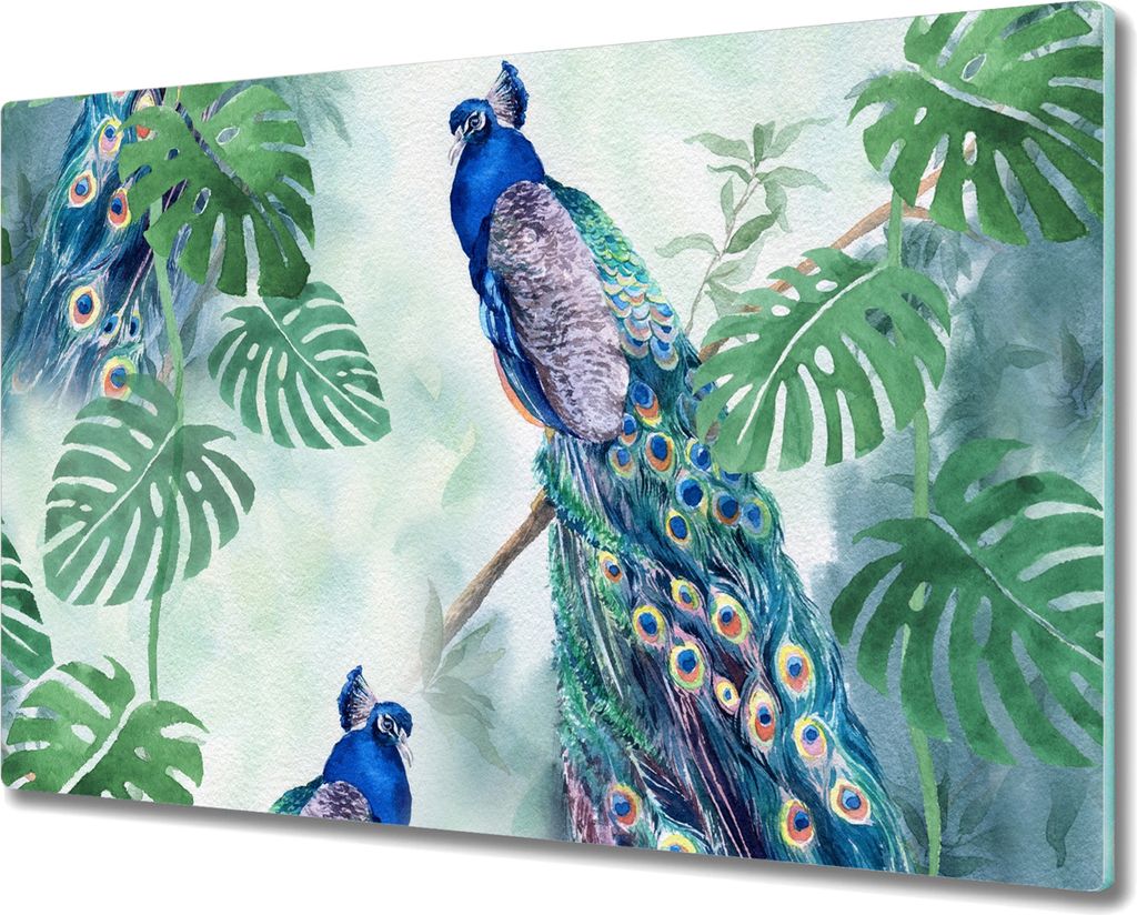 Coloray Schneidebrett Herdabdeckplatte 80x52 cm Kochplattenabdeckung Hackbrett Küchenbrett - Zweig Blätter Vogel Pfau