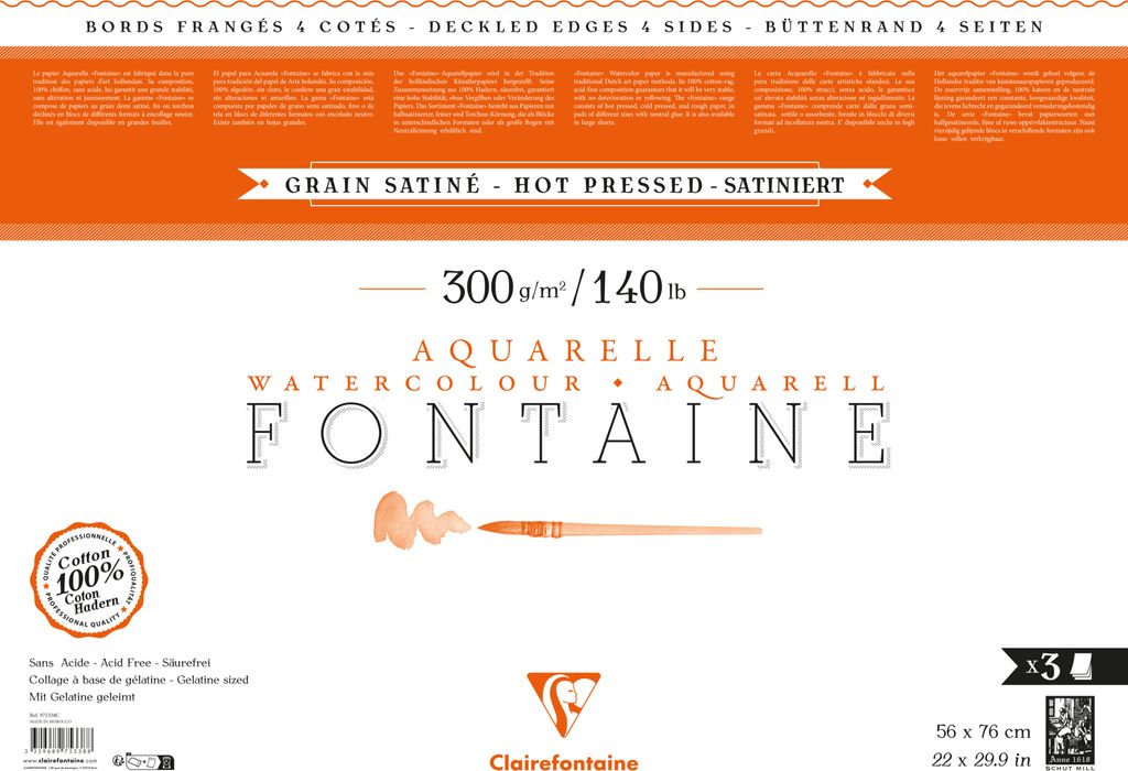Clairefontaine Pack. 3 Bogen Aquarellpapier mit Büttenrand 56x76 cm weiß 975338C