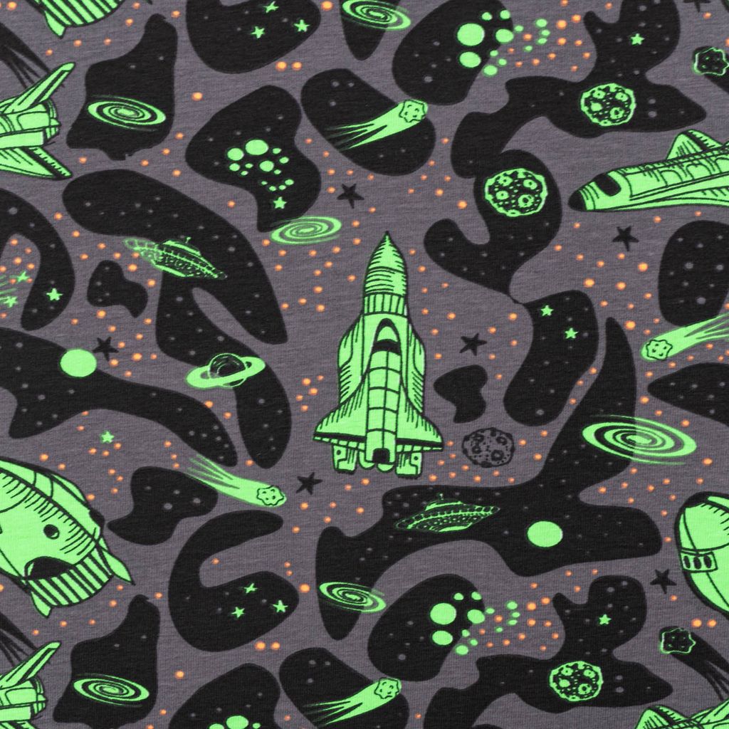 Jerseystoff Meterware NEON SPACE Weltraum Rakete grau neon grün 1,45m