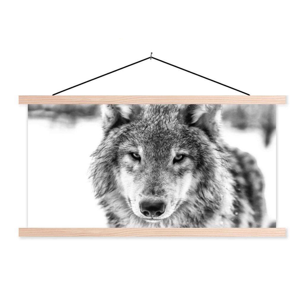 MuchoWow Textilposter Tierprofil Wolf in schwarz und weiß 120x60 cm mit holzfarbenen Rahmen - Klemmleiste