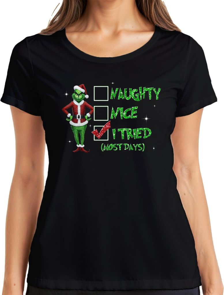Grinch Santa I Tried (Most Days) Christmas Checkmark Funny Gift Damen T-Shirt, Schwarz, XL