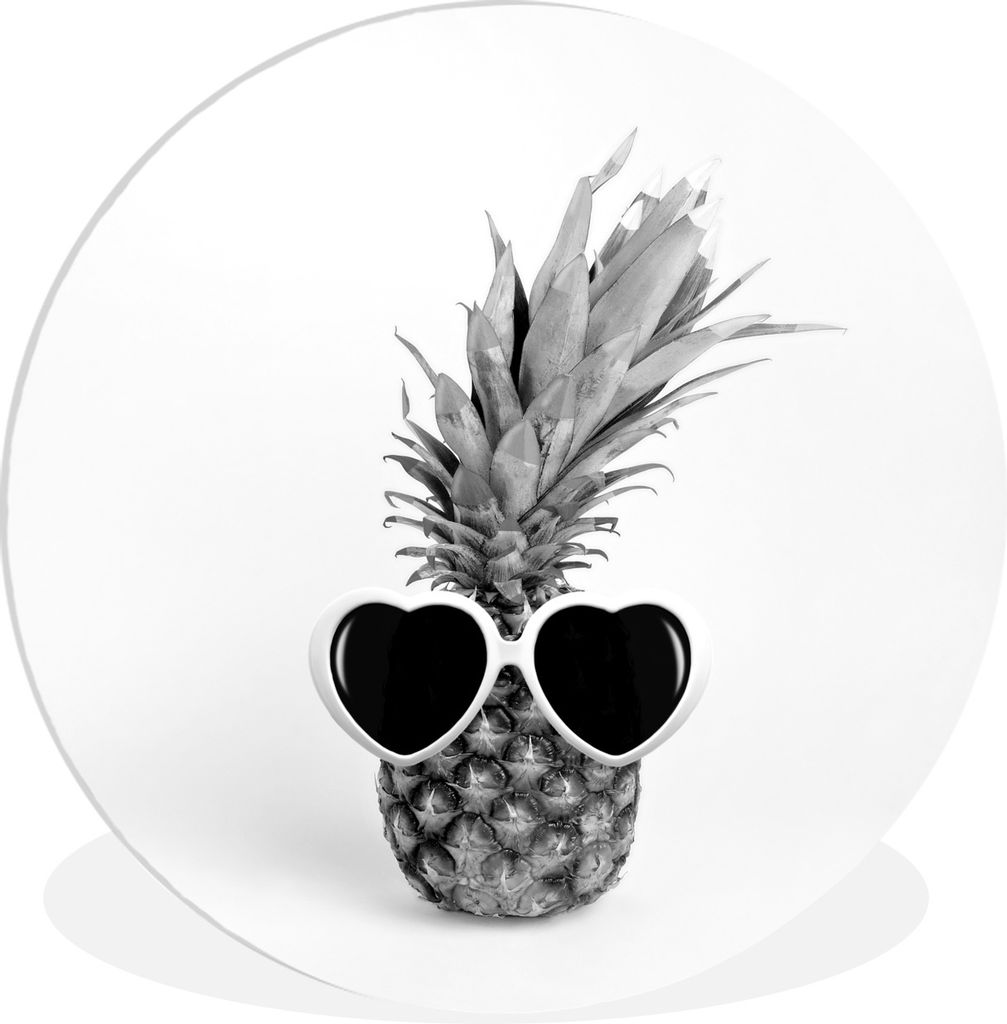 MuchoWow Rundes Wandbild - Runde Bilder Eine Ananas mit Sonnenbrille - schwarz und weiß Ø 60 cm Kreis Wanddekoration Kunststoff - Wandkreis - W...