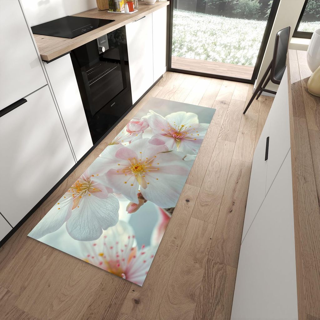 Küchenteppich 80x200cm rutschfest & abwischbar PVC Läufer - Kirschblüten Zauber