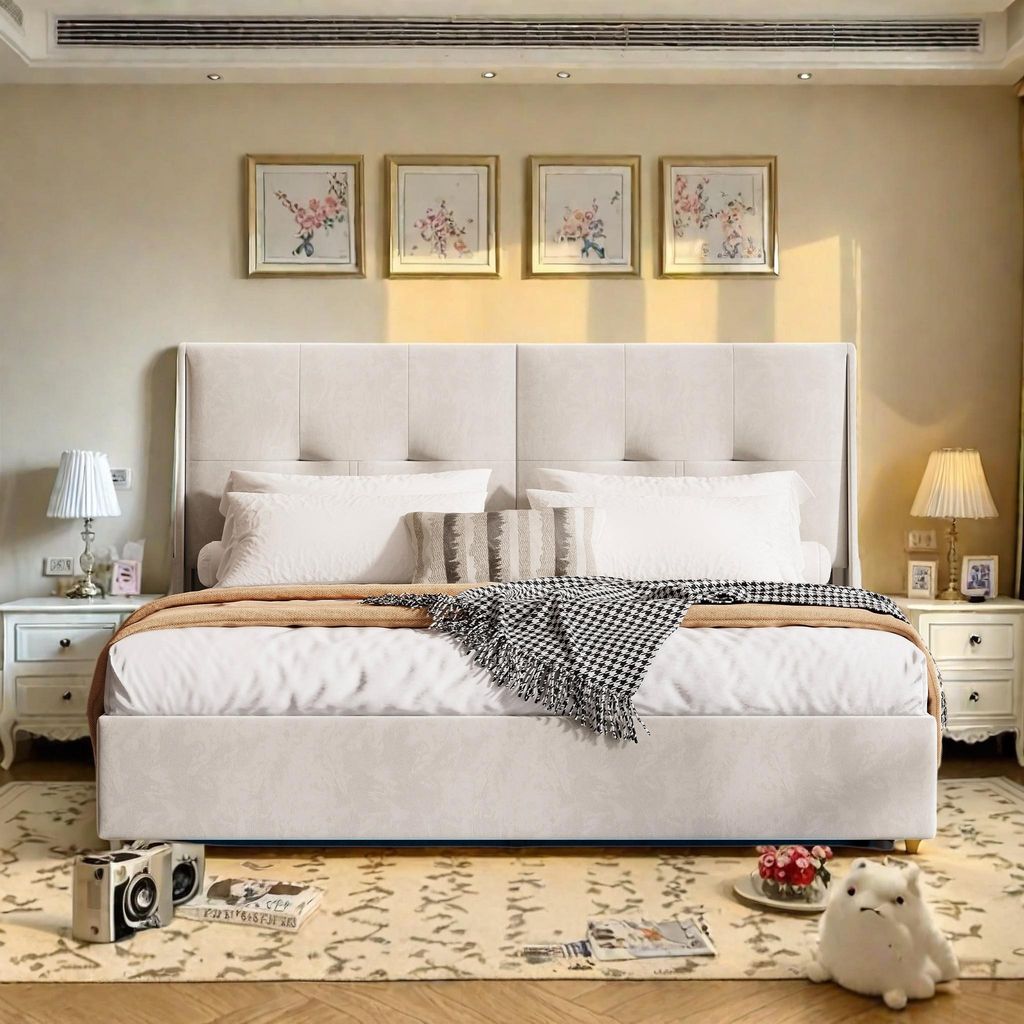 Modernes Doppelbett 140 x 200 cm mit gepolstertem Kopfteil, integrierter LED-Beleuchtung, Stauraum unter dem Bettgestell, minimalistischem Design, ...