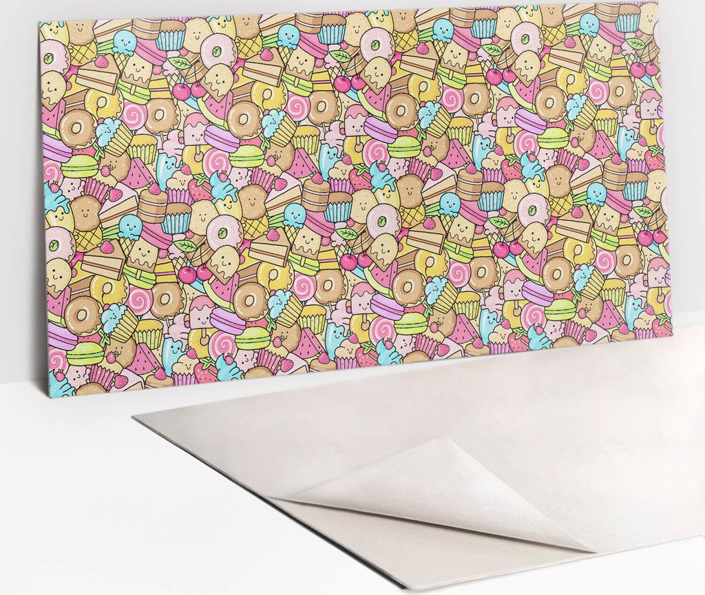 Dekorative PVC Wandpaneele - Küchenpaneele Rückwand hart Innenwand - 100 x 50 - Buntes Zeichnen Süßigkeiten
